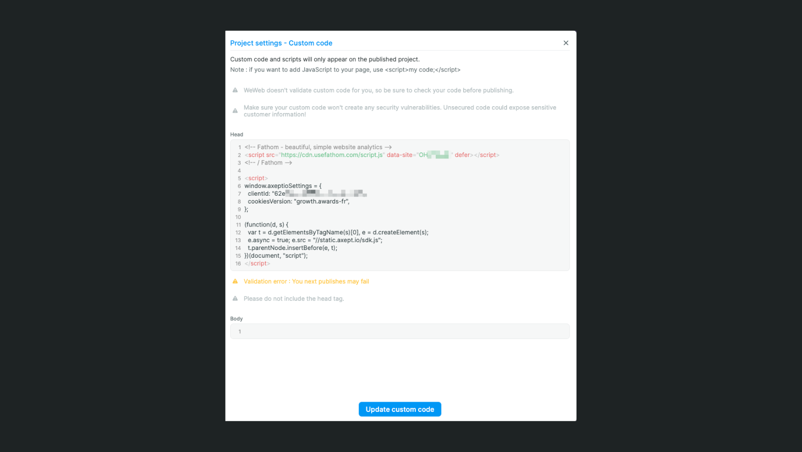 Custom code example