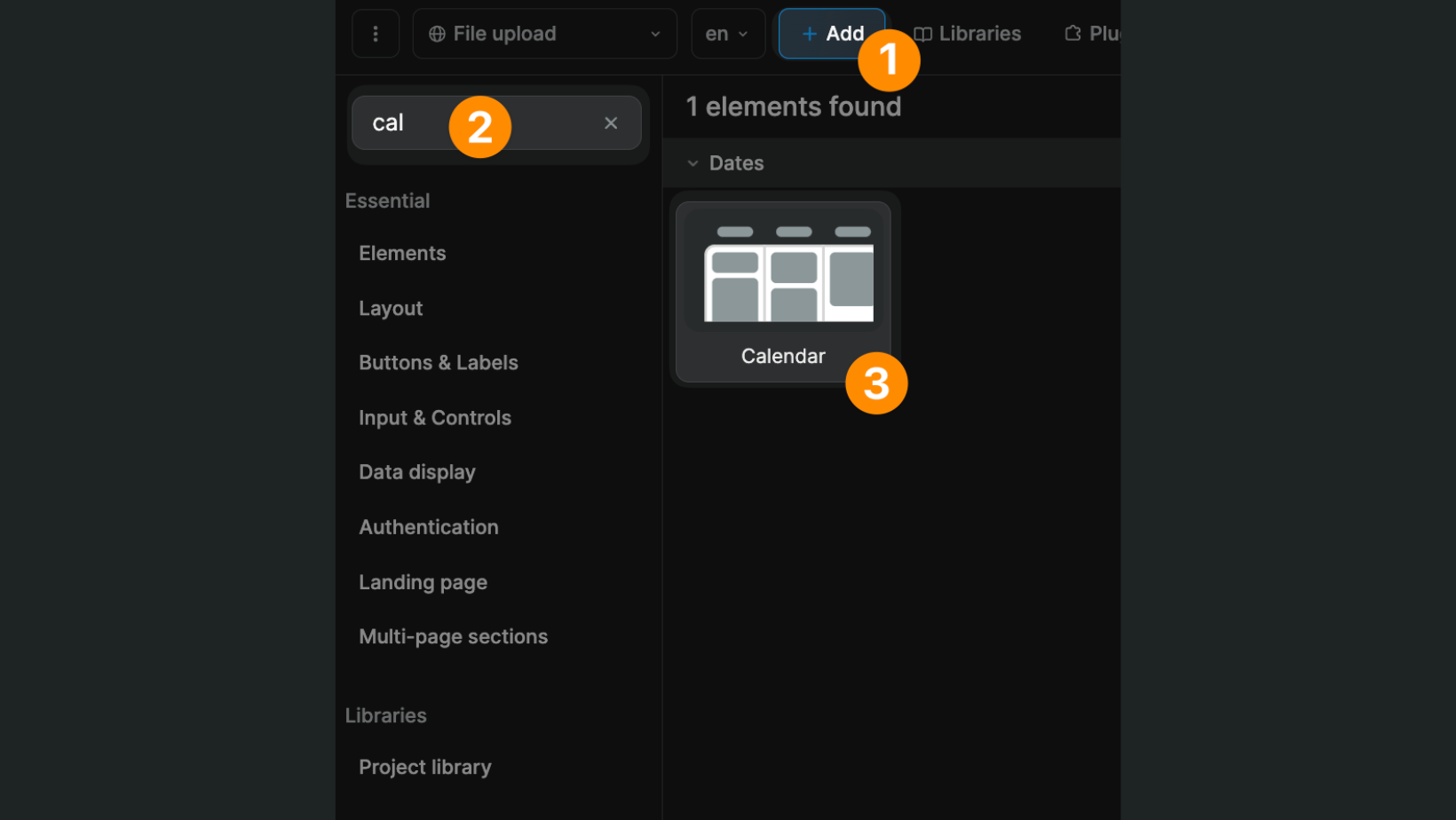 Calendar element in the Add Element