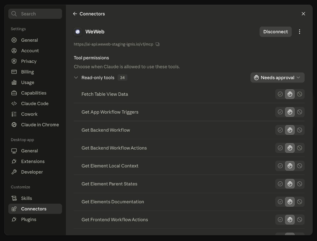 Claude Desktop WeWeb connector settings showing tool permissions for individual WeWeb tools