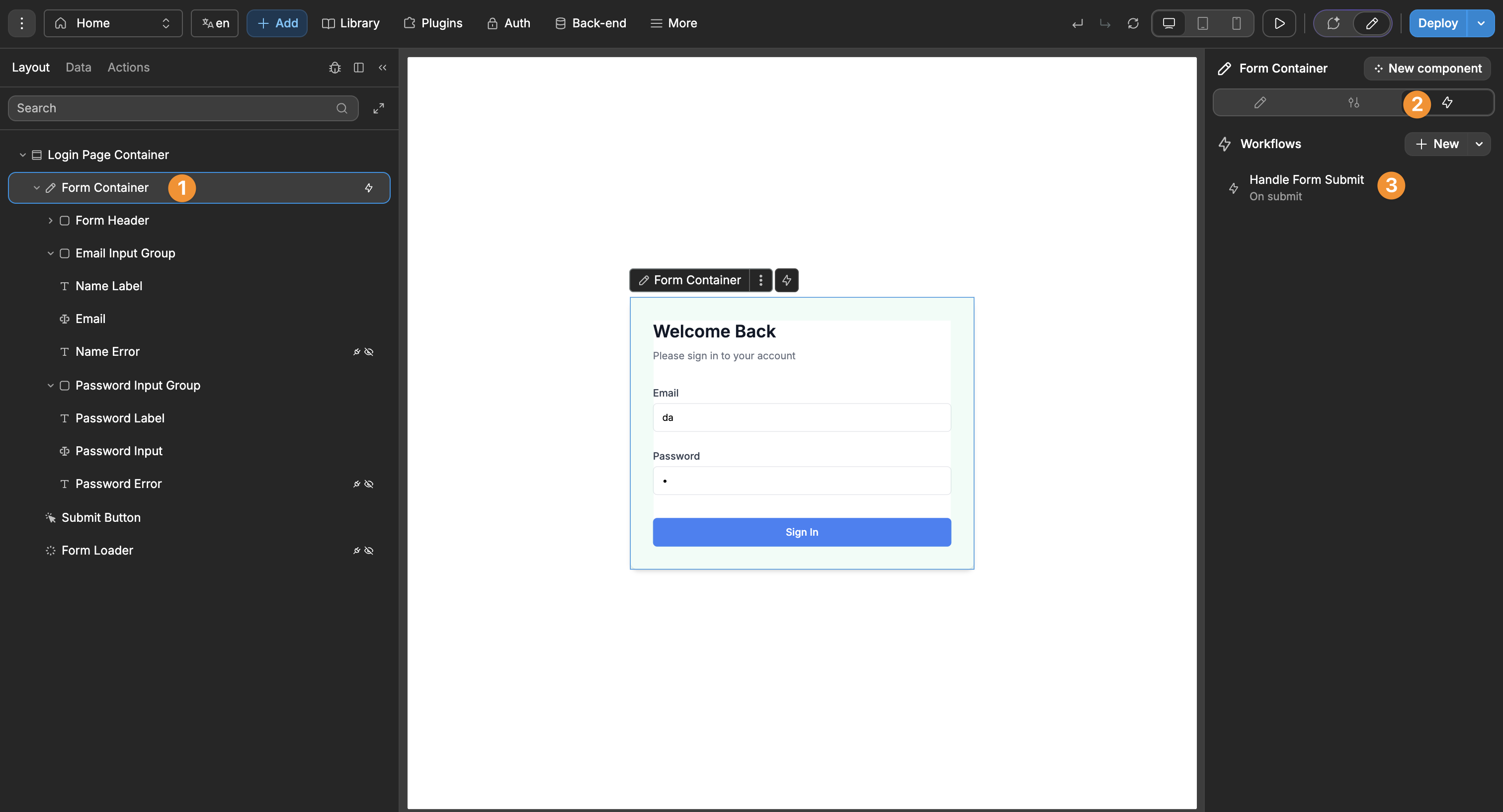 Workflow on form container