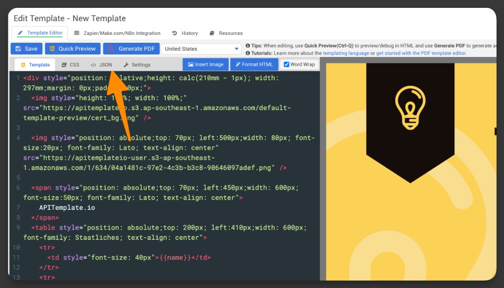Go to the tab in the template editor