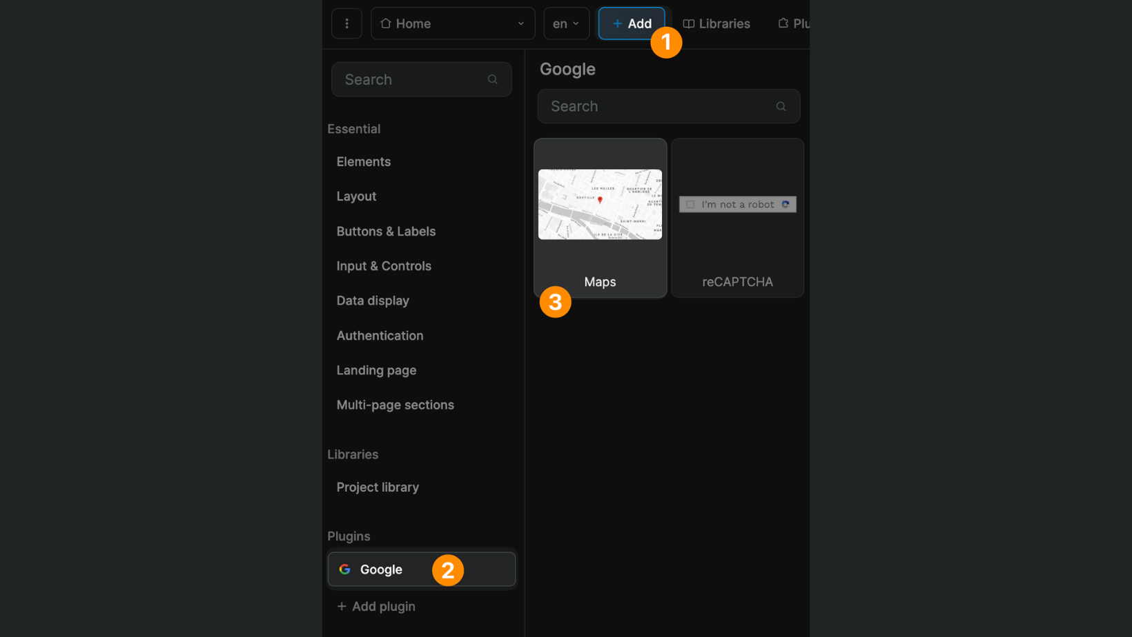 Google maps element in the add menu