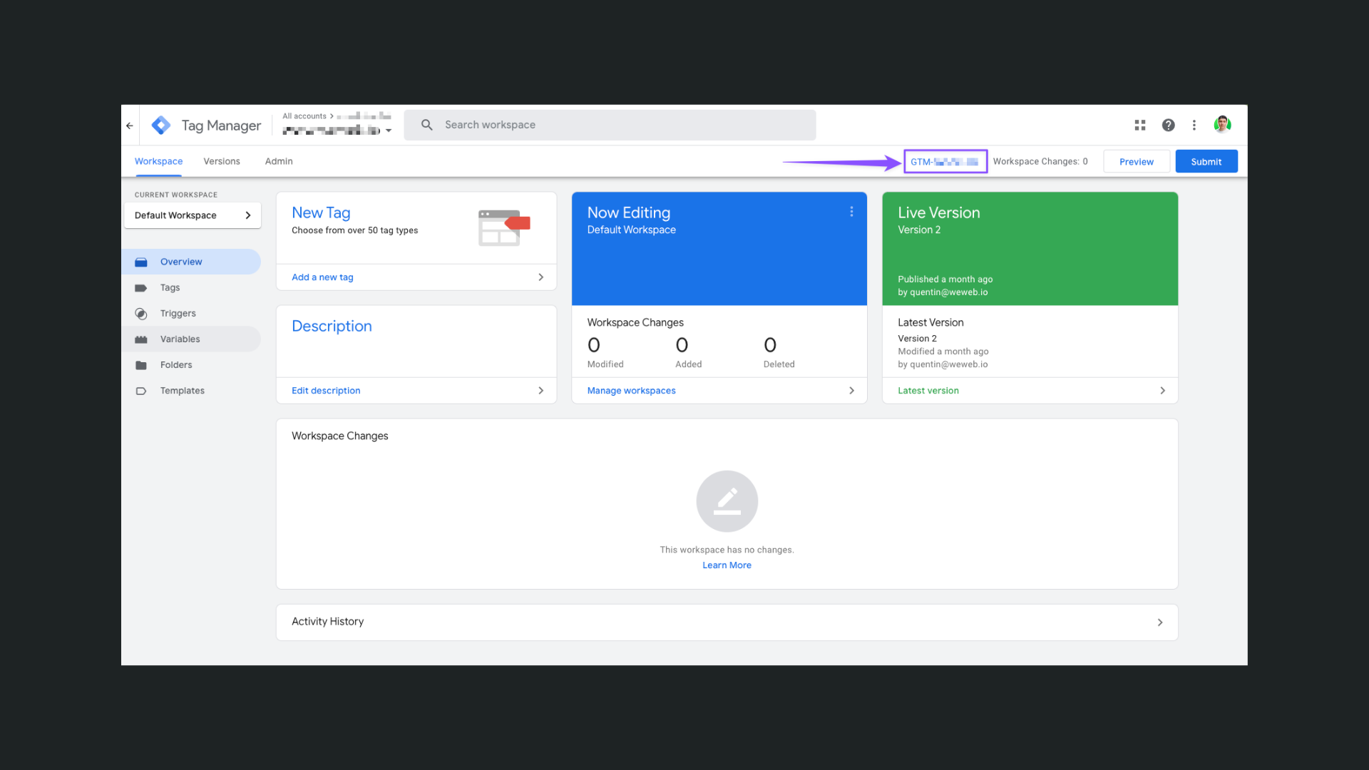 Finding the container ID for Google Tag Manager