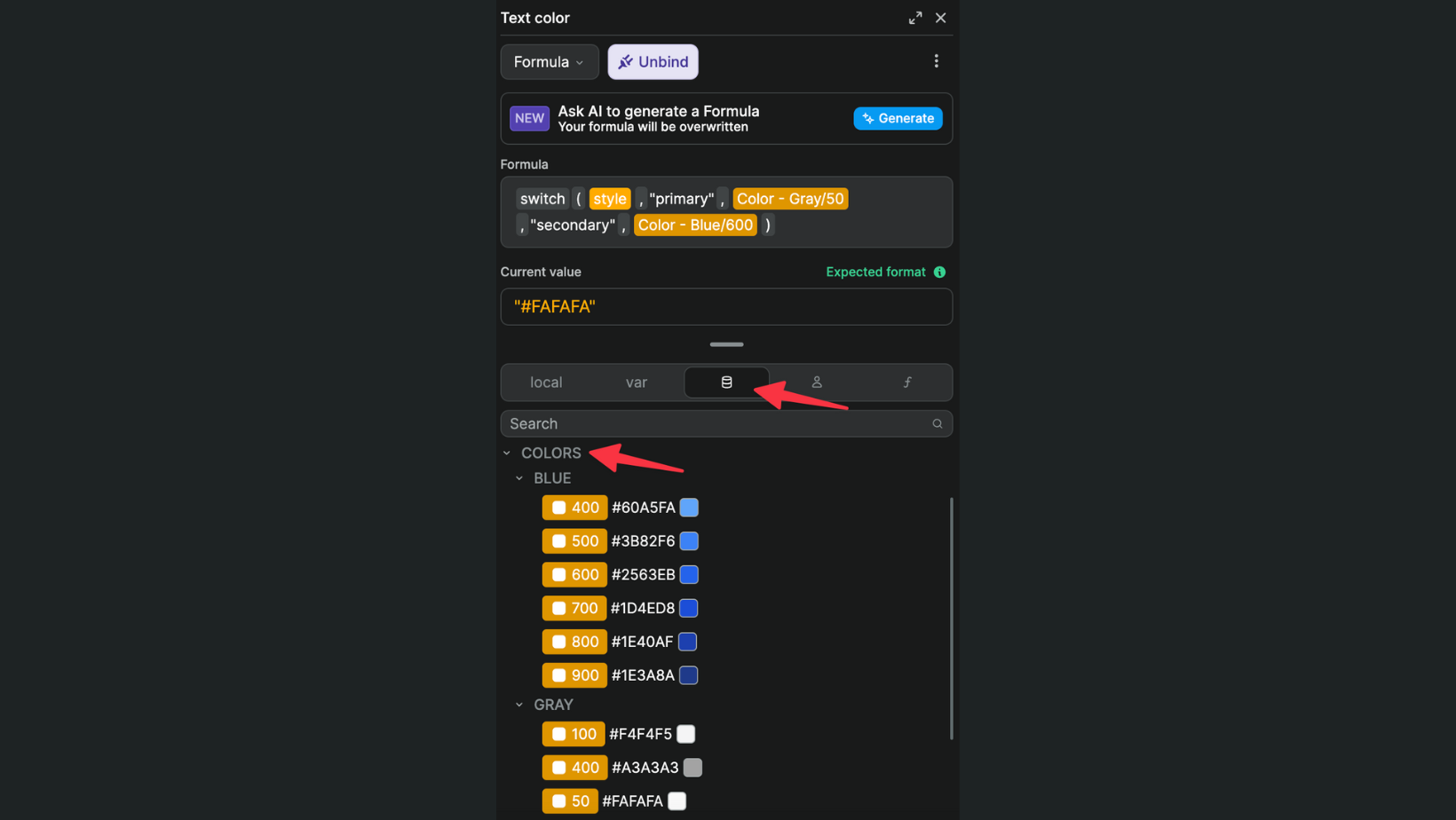 Binding colors in a formula