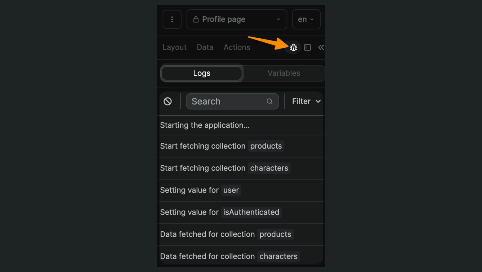 Logs panel in the Debug panel