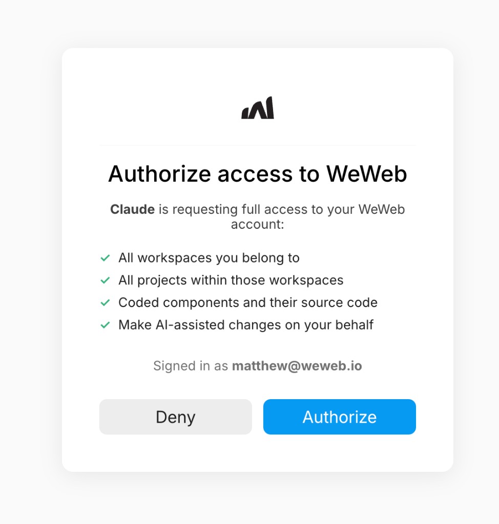 Authorize access to WeWeb screen showing requested permissions and Authorize button